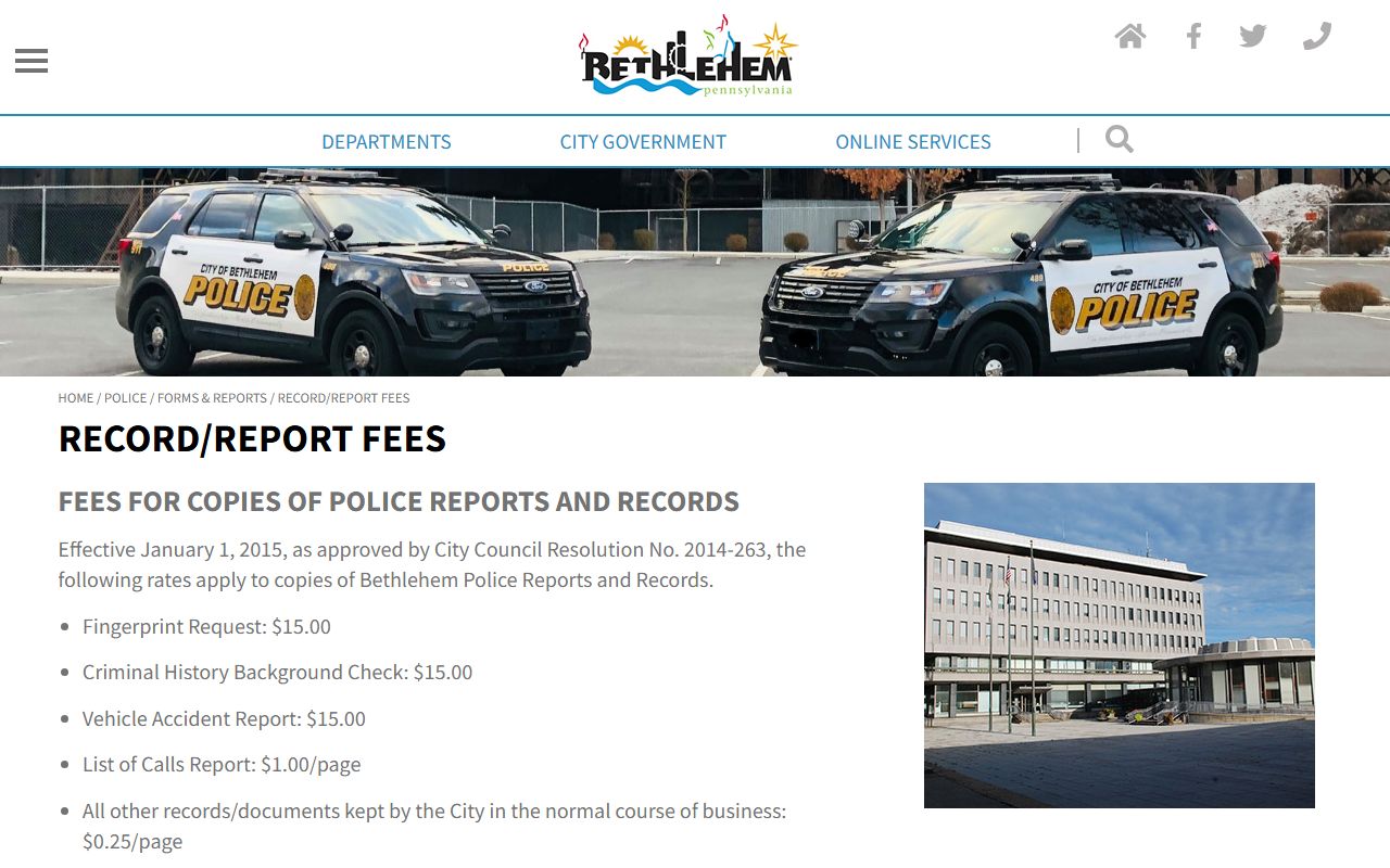 Bethlehem Police Department records fees for 24 hour booking records in Bethlehem