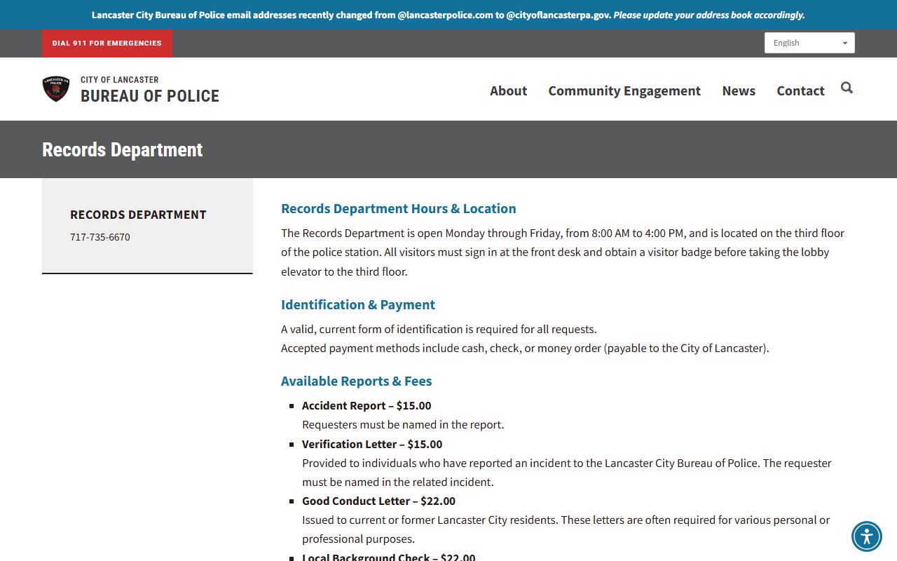 Lancaster City Police Records Department for 24 hour booking records in Lancaster