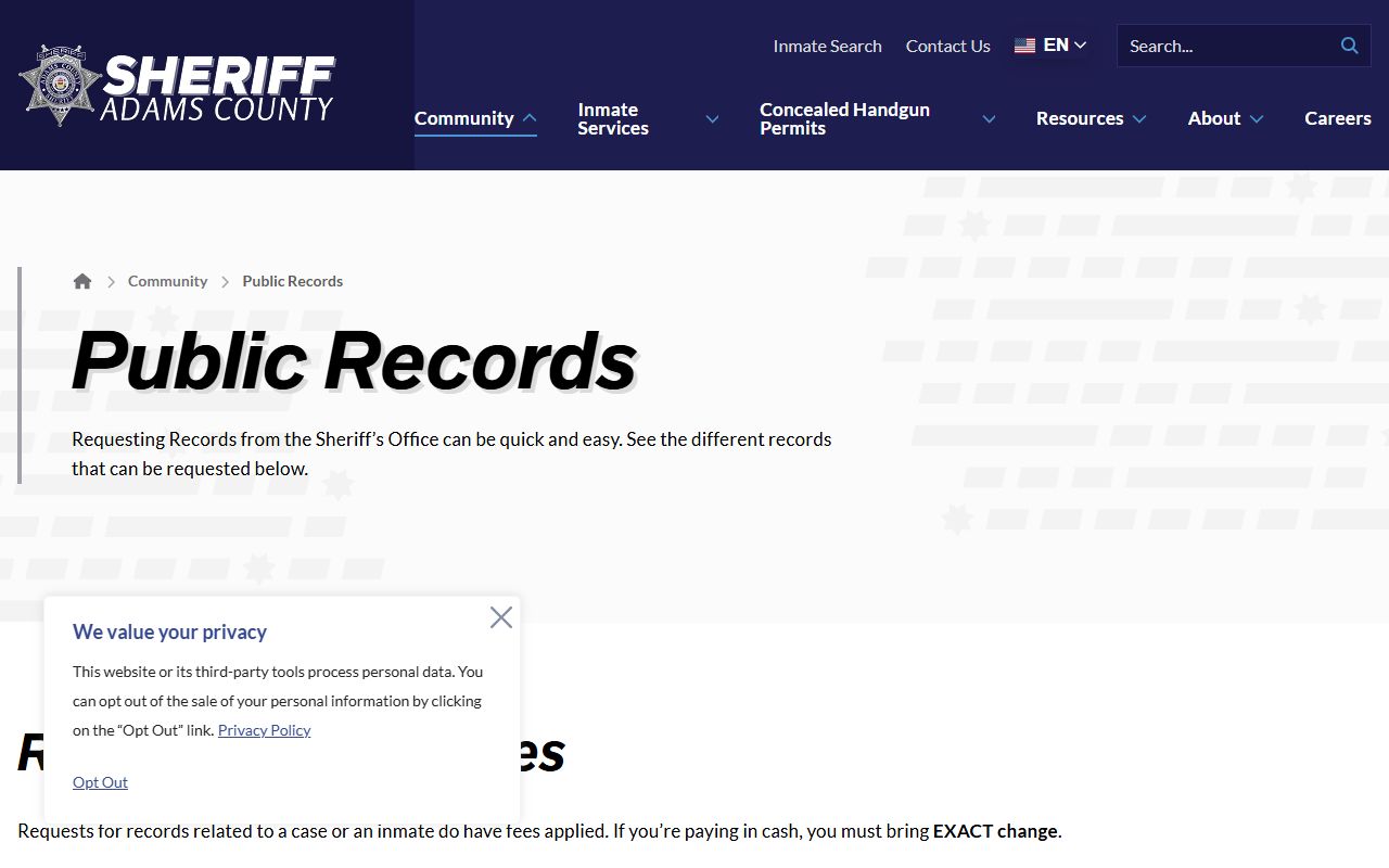 Adams County Sheriff public records portal for 24 hour booking searches