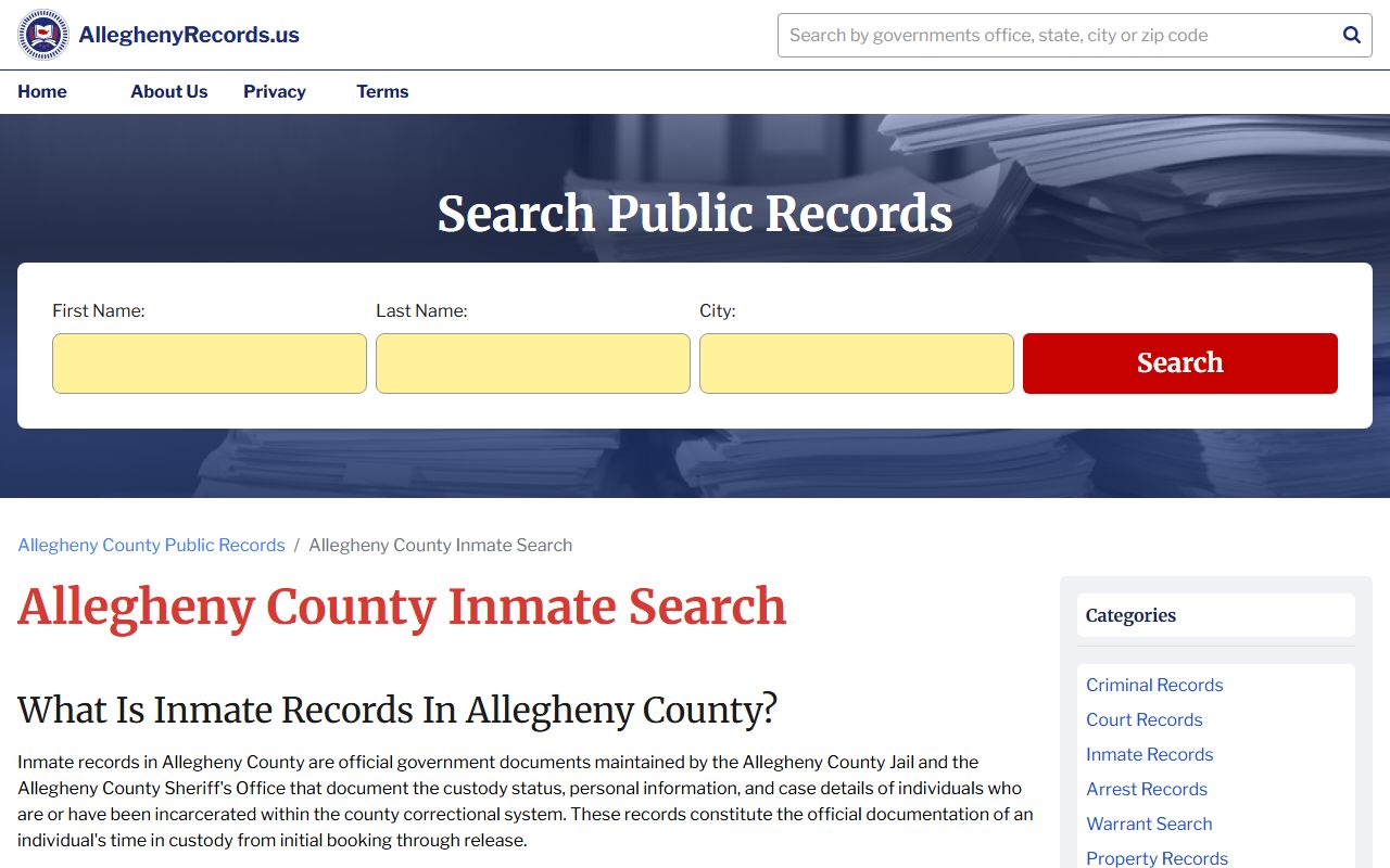 Allegheny County inmate records for Pittsburgh 24 hour booking lookup
