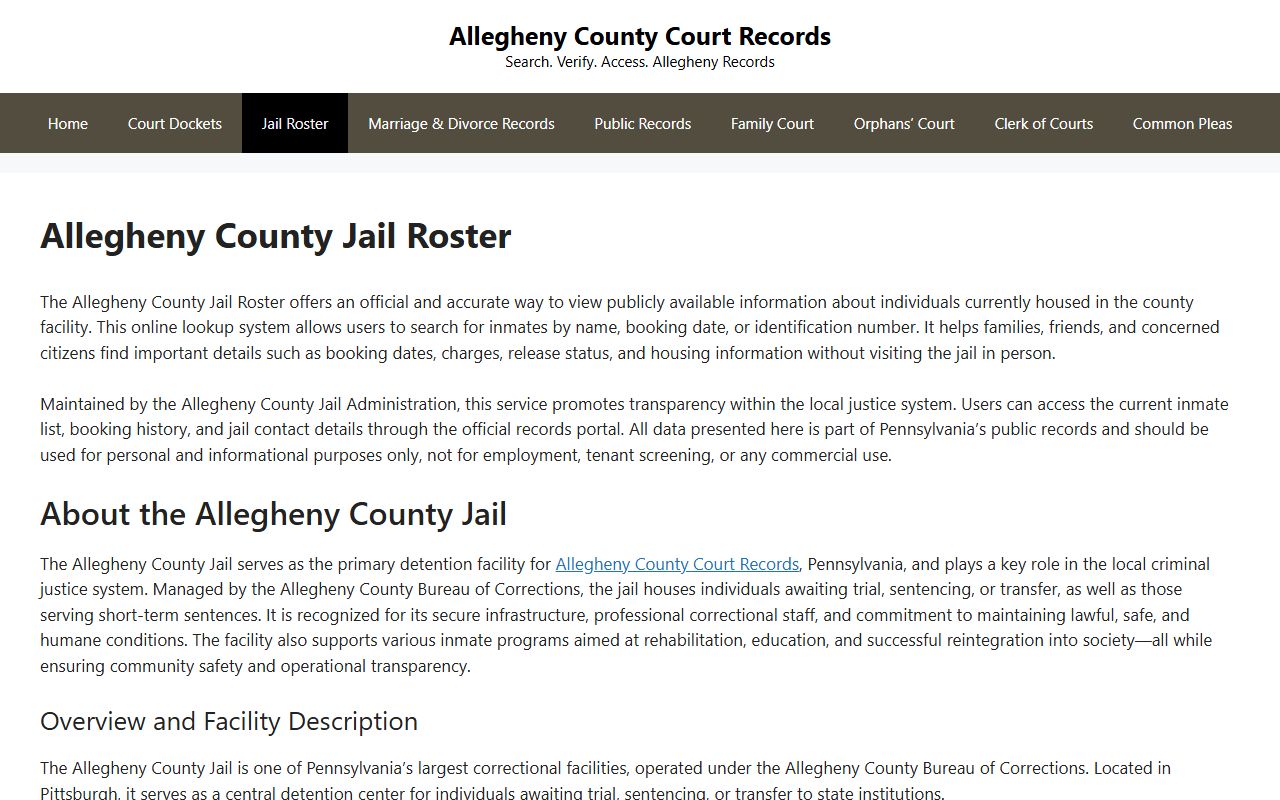 Allegheny County jail roster for Pittsburgh 24 hour booking searches