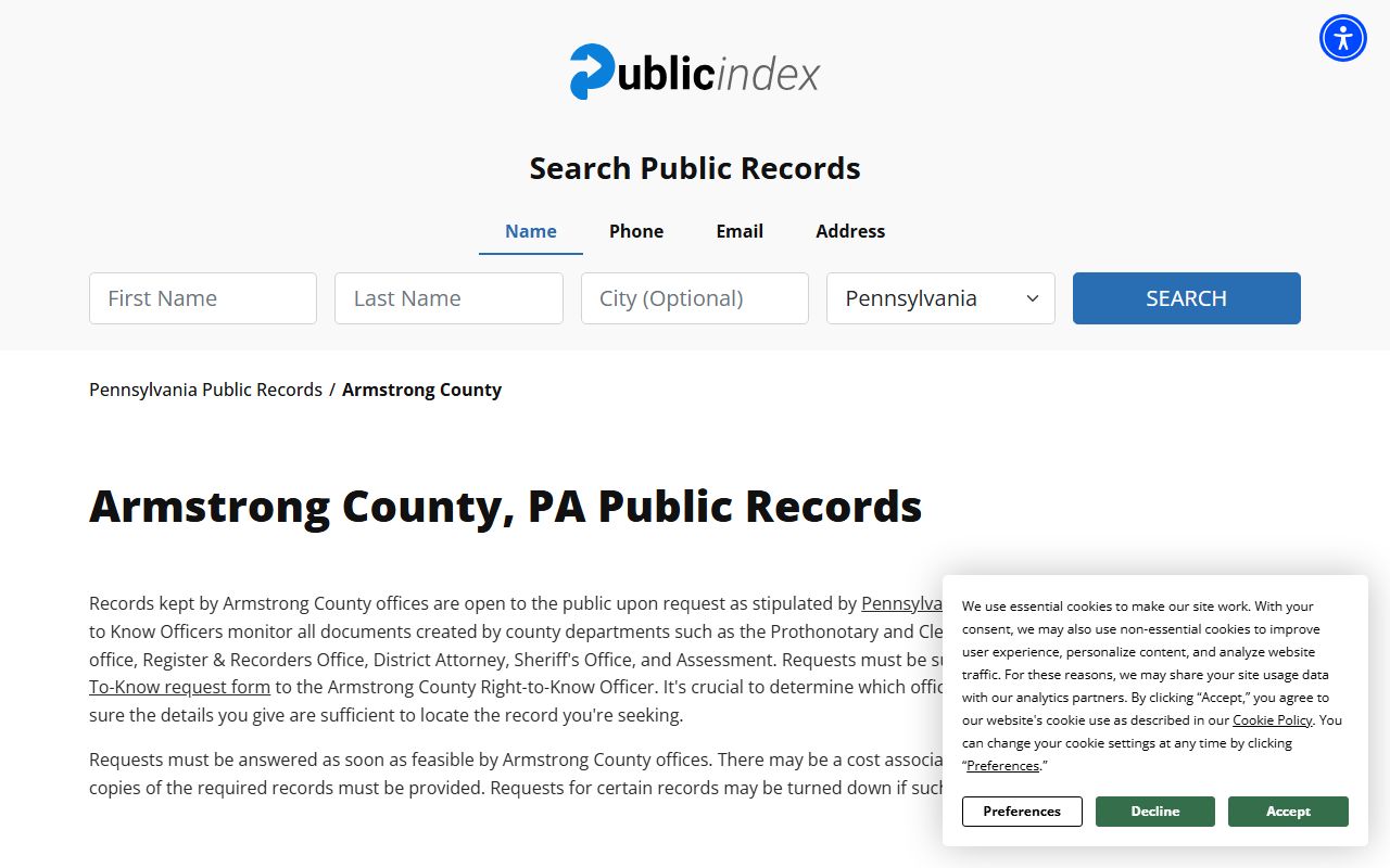 Armstrong County public records index for 24 hour booking