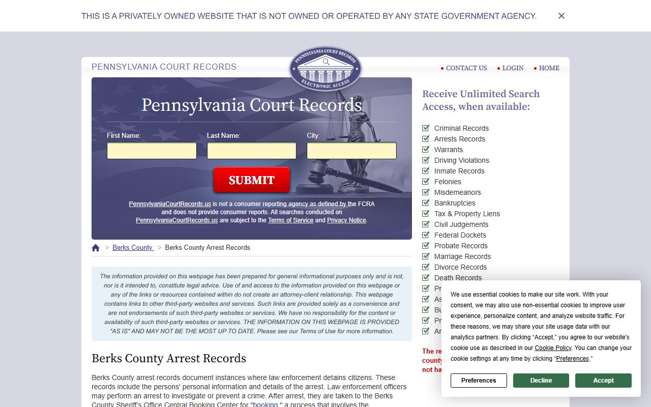 Berks County arrest records for 24 hour booking information