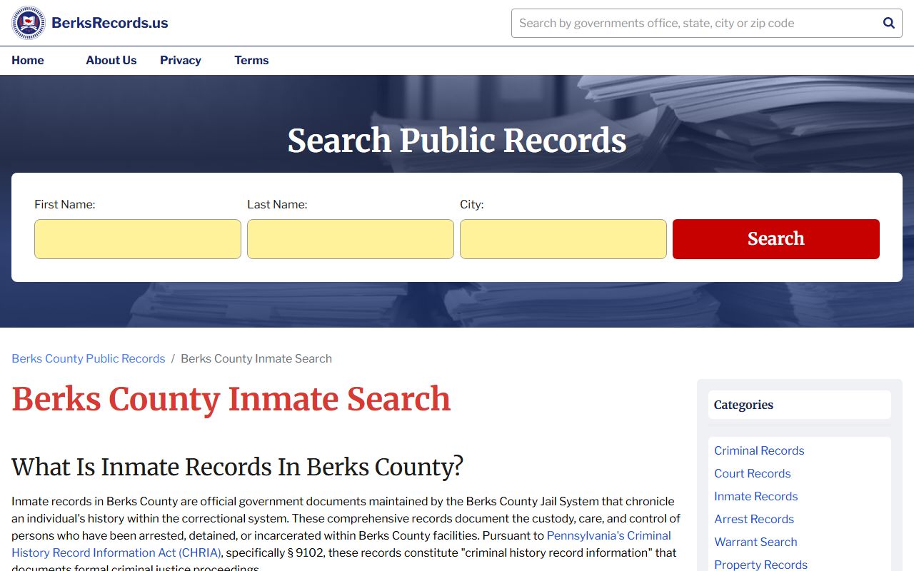 Berks County Jail inmate search for 24 hour booking records
