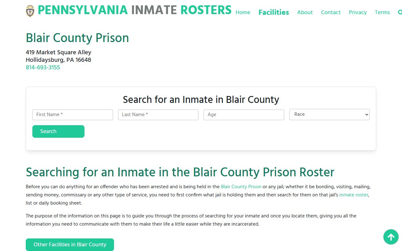 Blair County Prison official information for 24 hour booking records