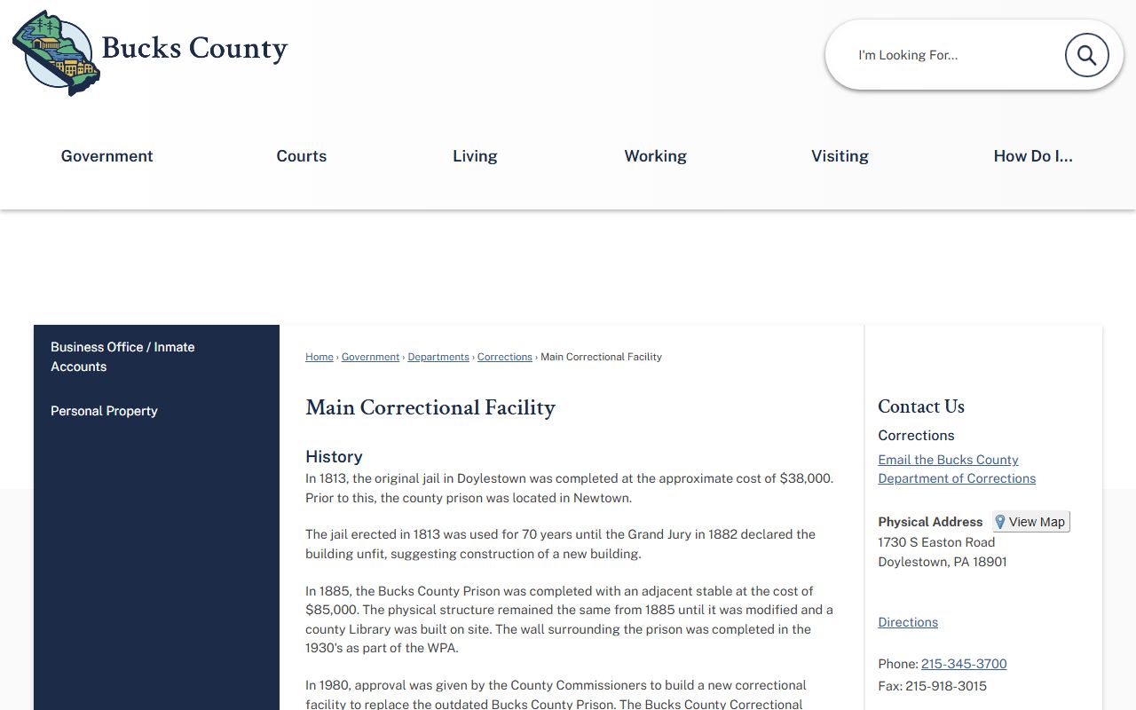 Bucks County 24 hour booking correctional facility page