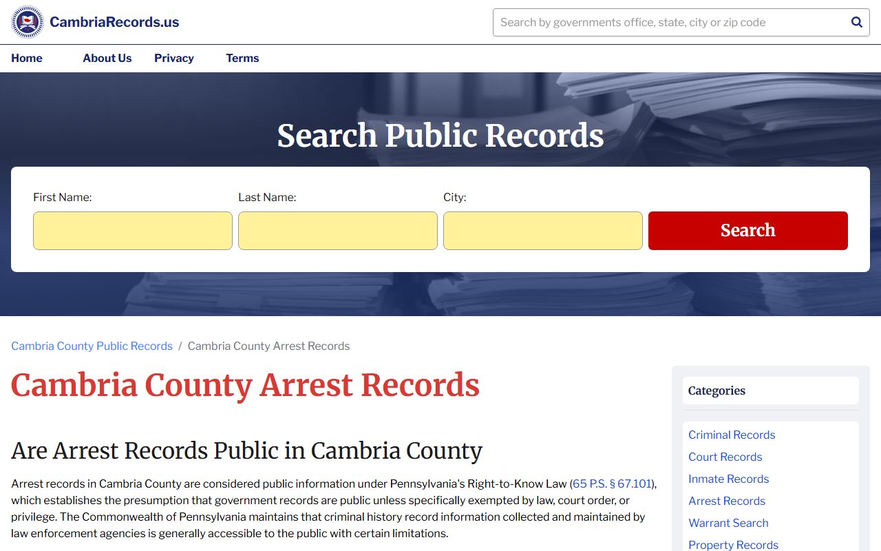 Cambria County 24 hour booking arrest records page