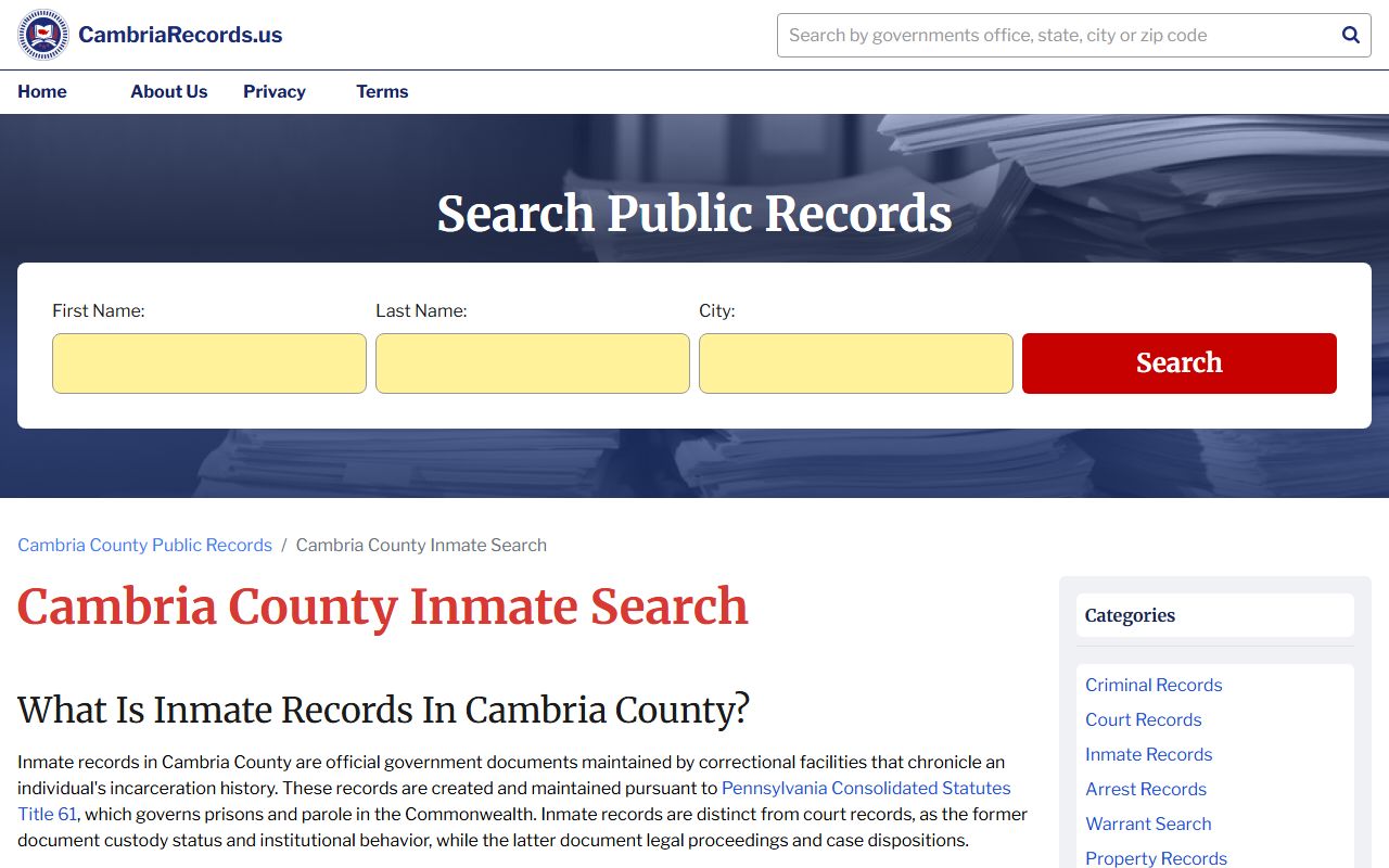 Cambria County 24 hour booking inmate search portal