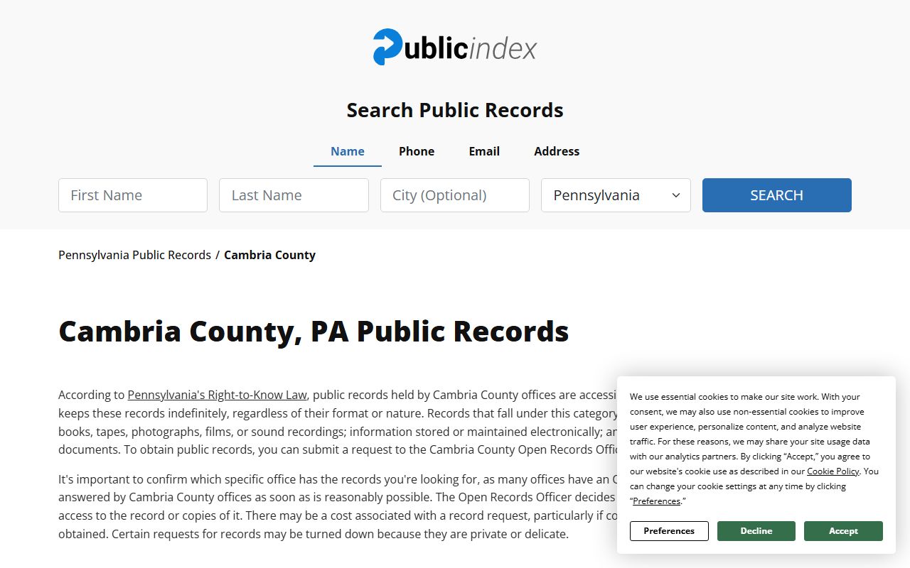 Cambria County 24 hour booking public index directory