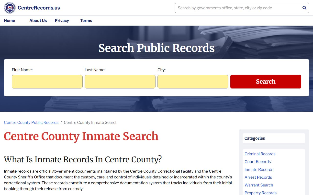 Centre County 24 hour booking inmate search portal
