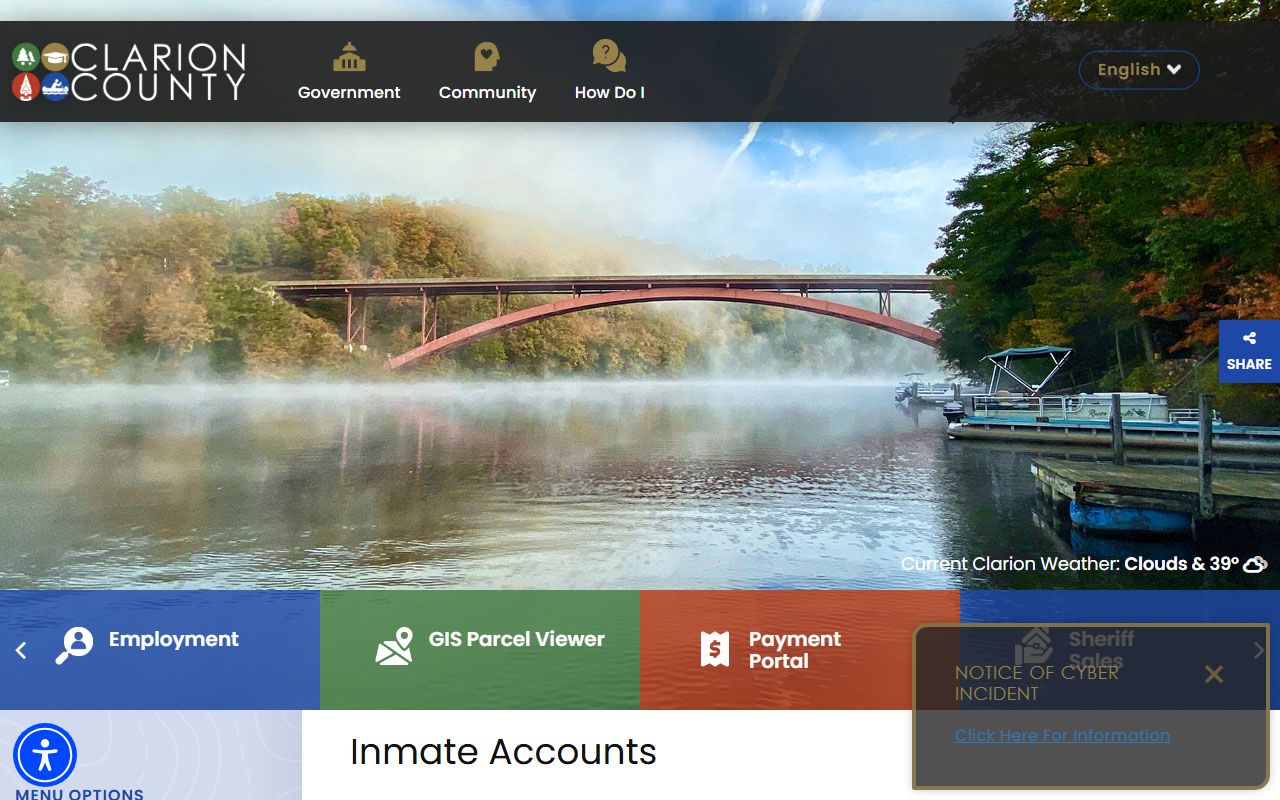 Clarion County inmate accounts page for 24 hour booking records