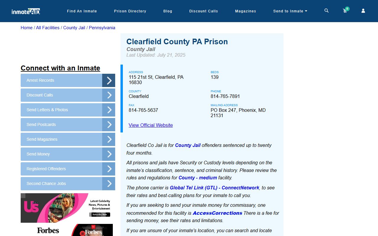 Clearfield County Prison information for 24 hour booking