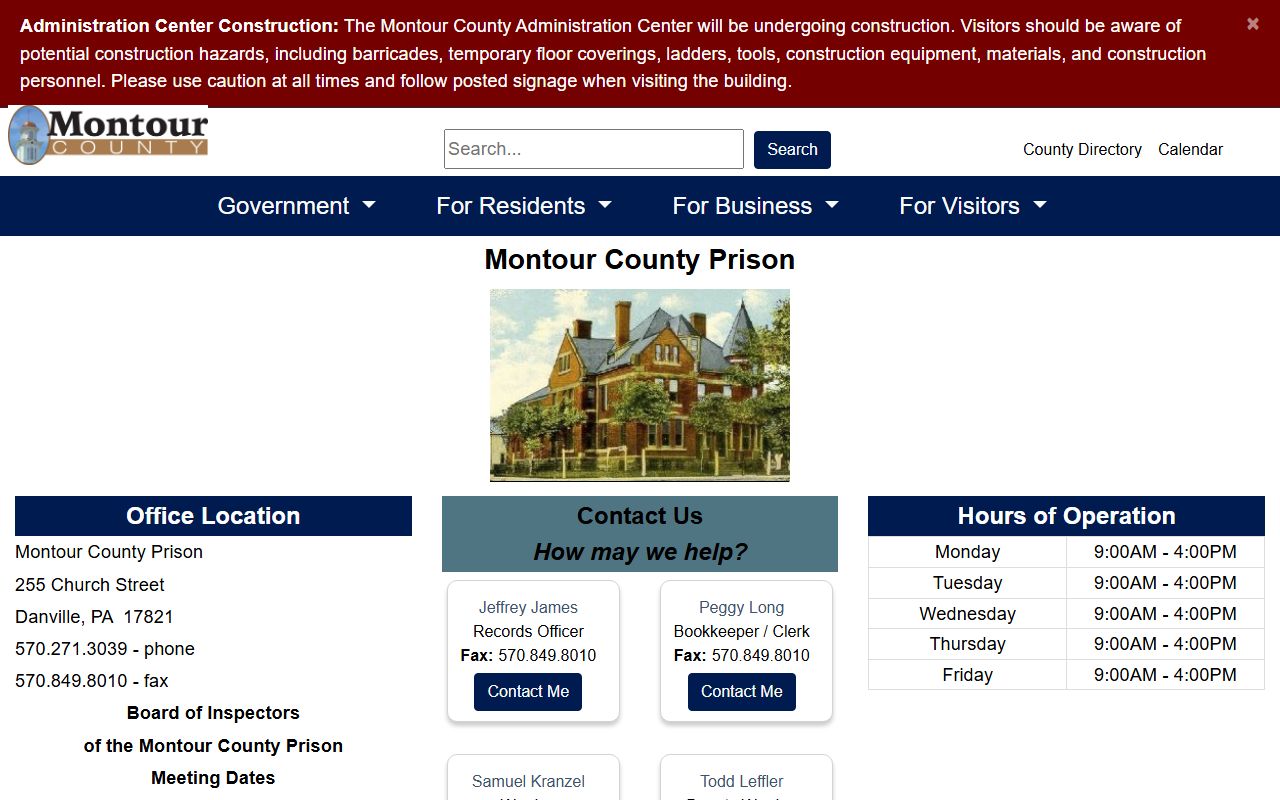 Montour County 24 hour booking prison official page