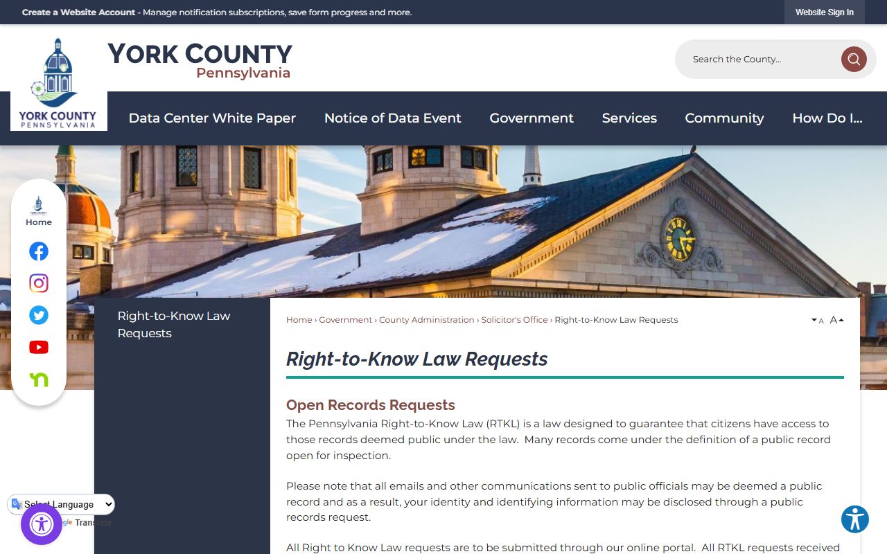York County 24 hour booking Right-to-Know request portal