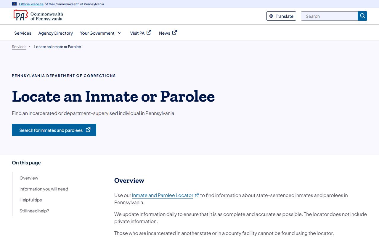 Pennsylvania Department of Corrections inmate locator for 24 hour booking records