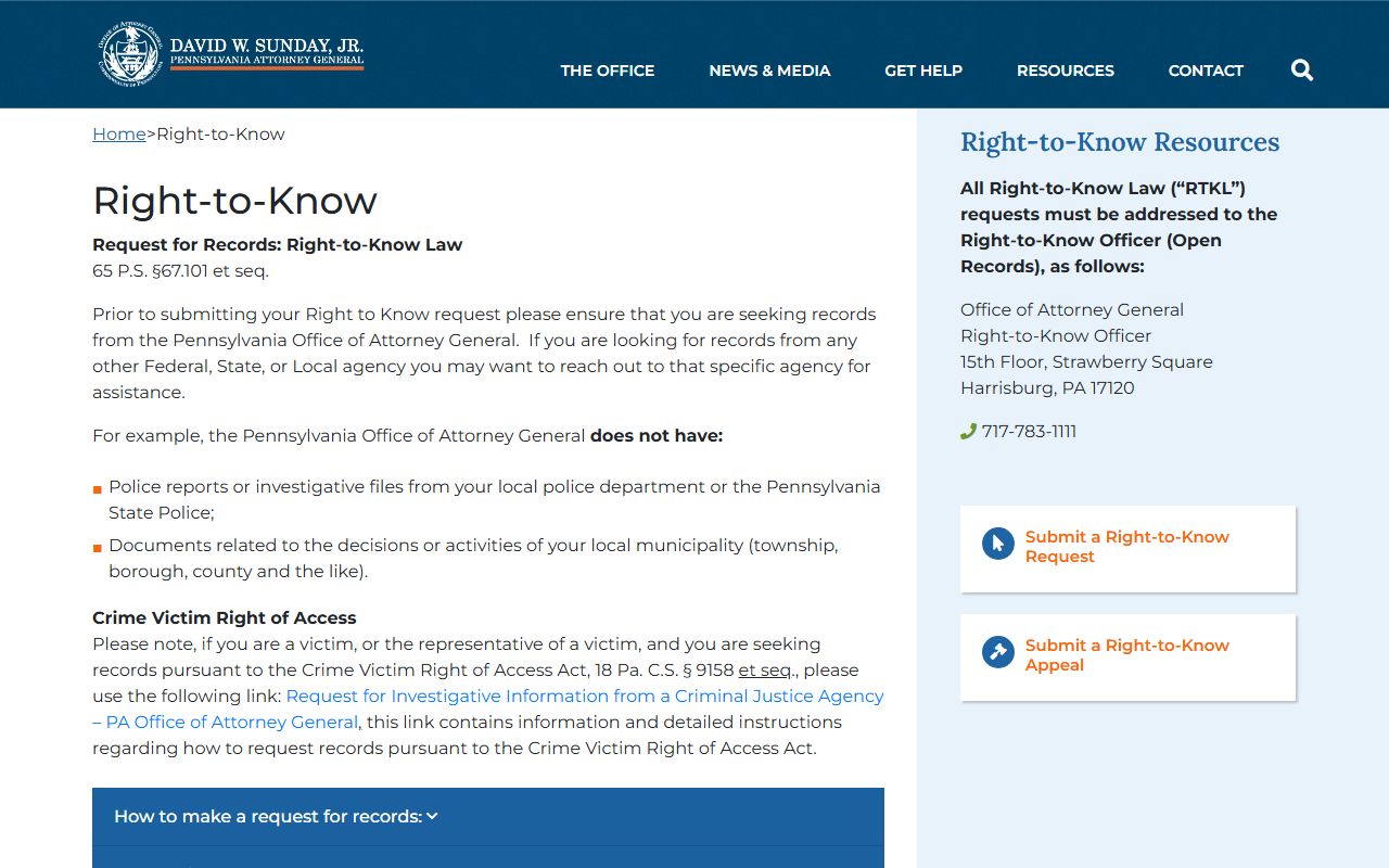 Pennsylvania Attorney General Right-to-Know page for 24 hour booking records