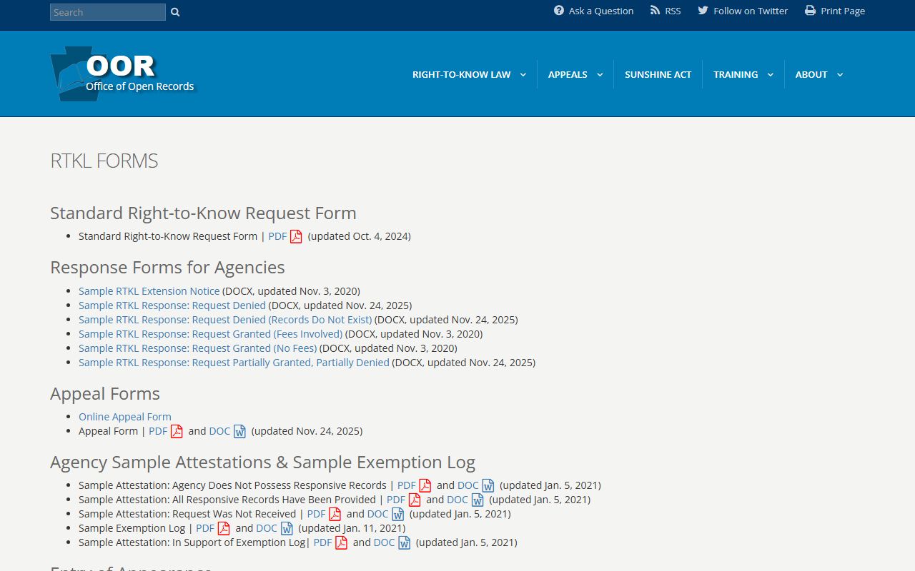 Pennsylvania Office of Open Records citizens guide for 24 hour booking requests
