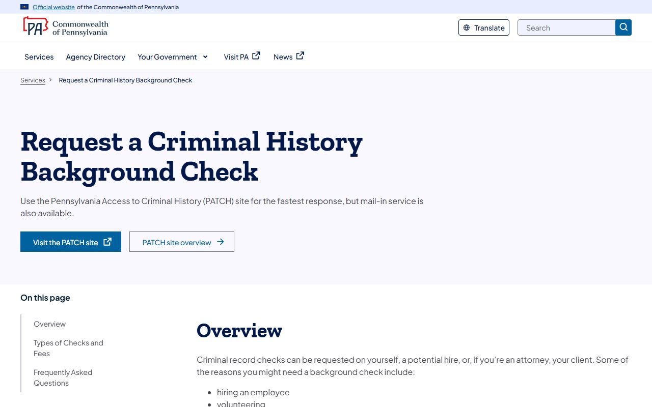 Pennsylvania State Police 24 hour booking criminal history check page