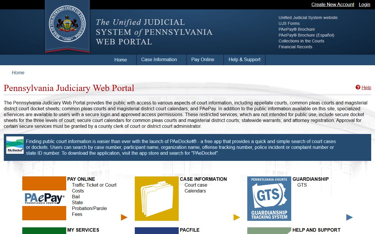 Pennsylvania Unified Judicial System portal for 24 hour booking court records